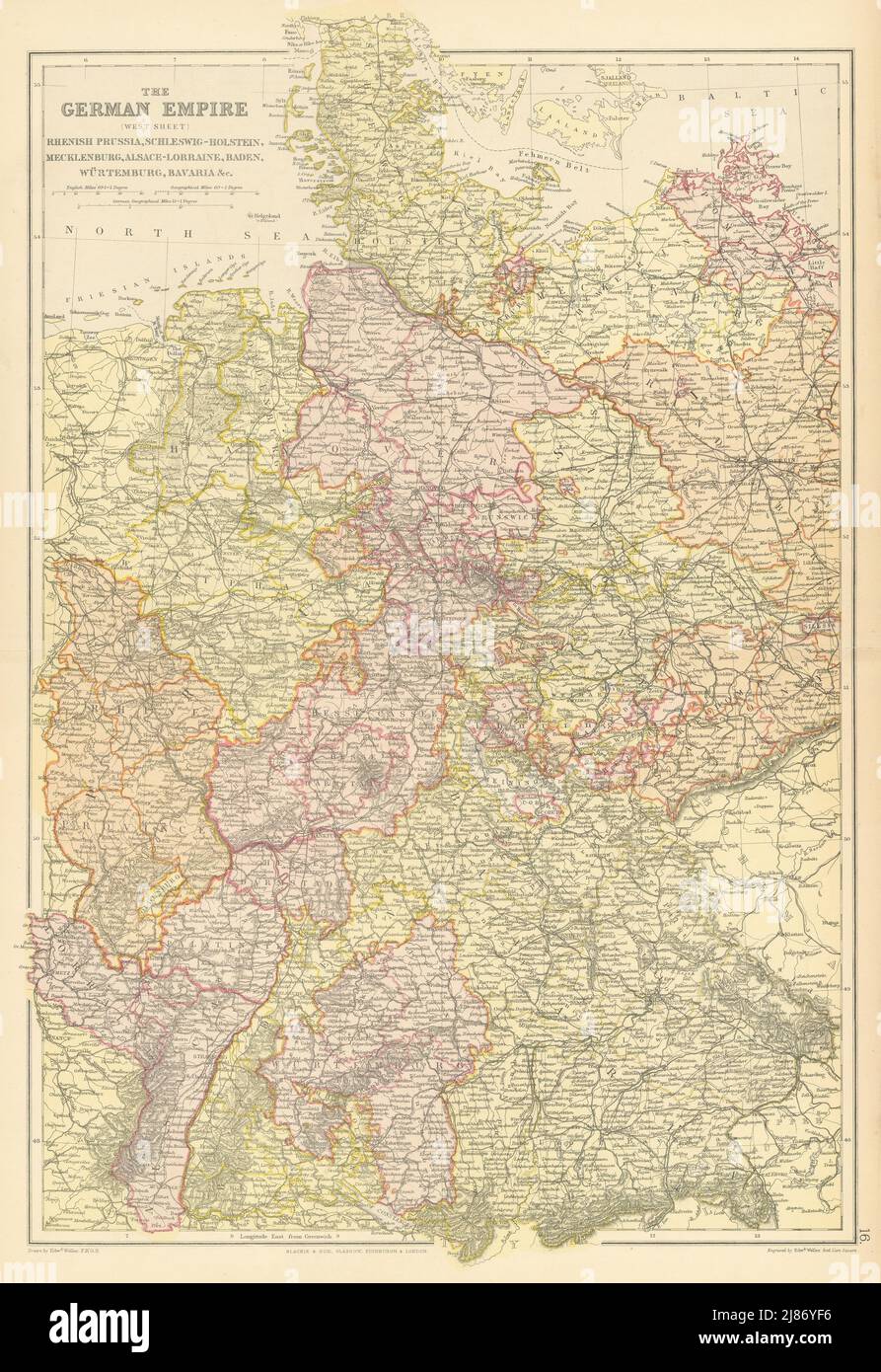 DEUTSCHES KAISERREICH WEST. Inc. Elsass-Lothringen. Rheinisches Preußen Bayern &c 1886 Karte Stockfoto