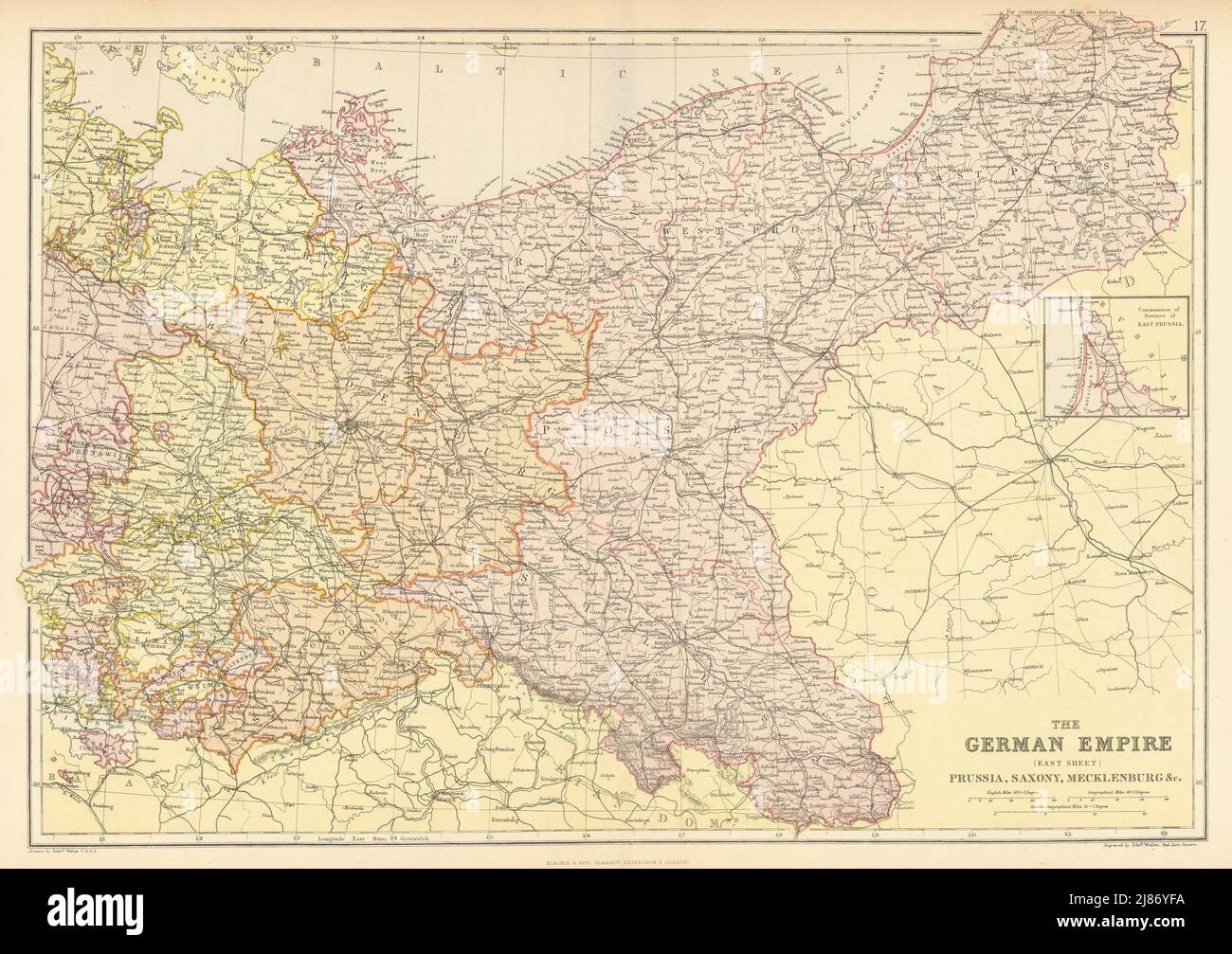 DEUTSCHES REICH OST. Preußen Sachsen Mecklenburg.Polen.Eisenbahnen. BLACKIE 1886-Karte Stockfoto