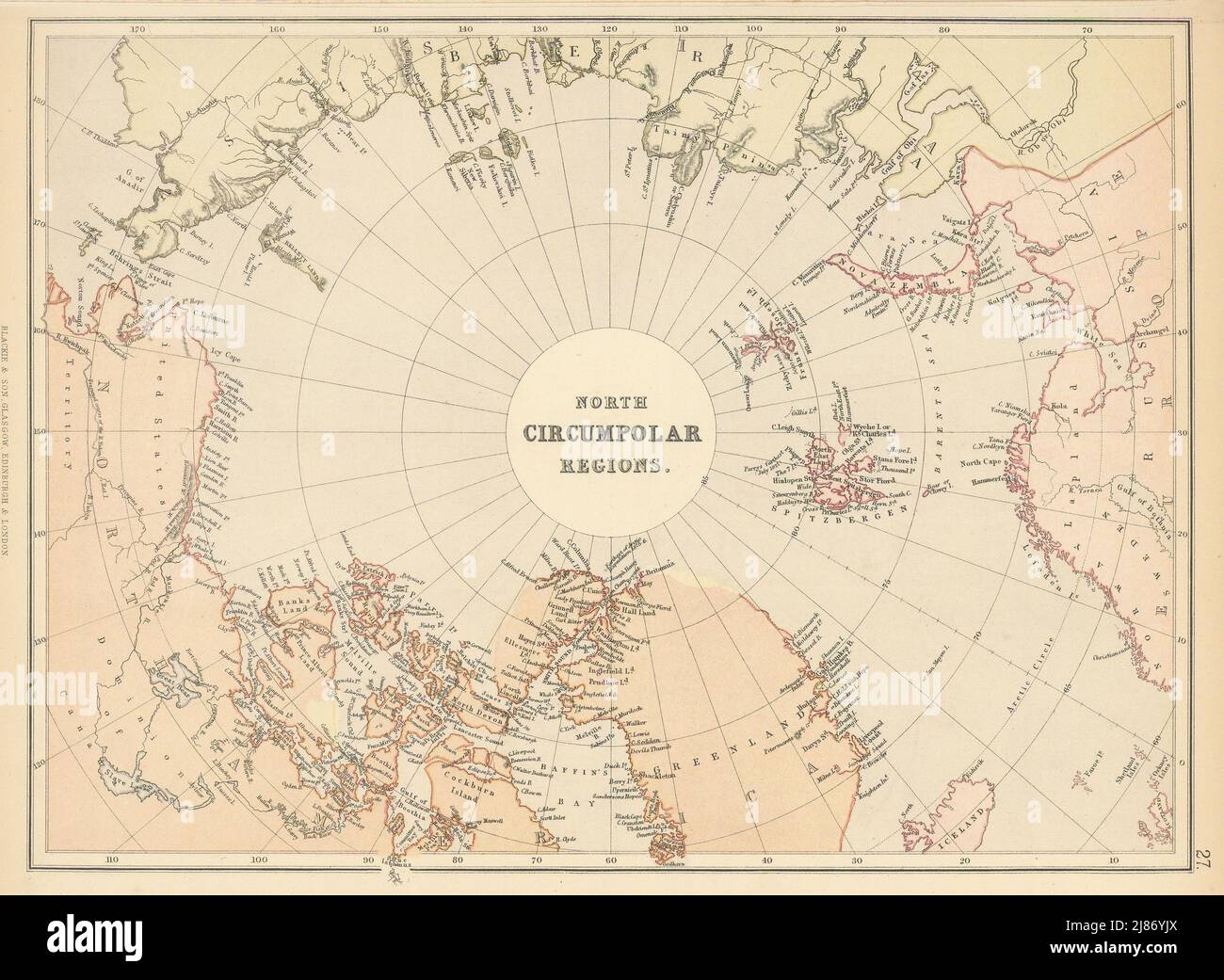 ARKTIS. „Nordzirkumpolare Regionen“. Unvollständige Küstenlinien. Explorationskarte 1886 Stockfoto