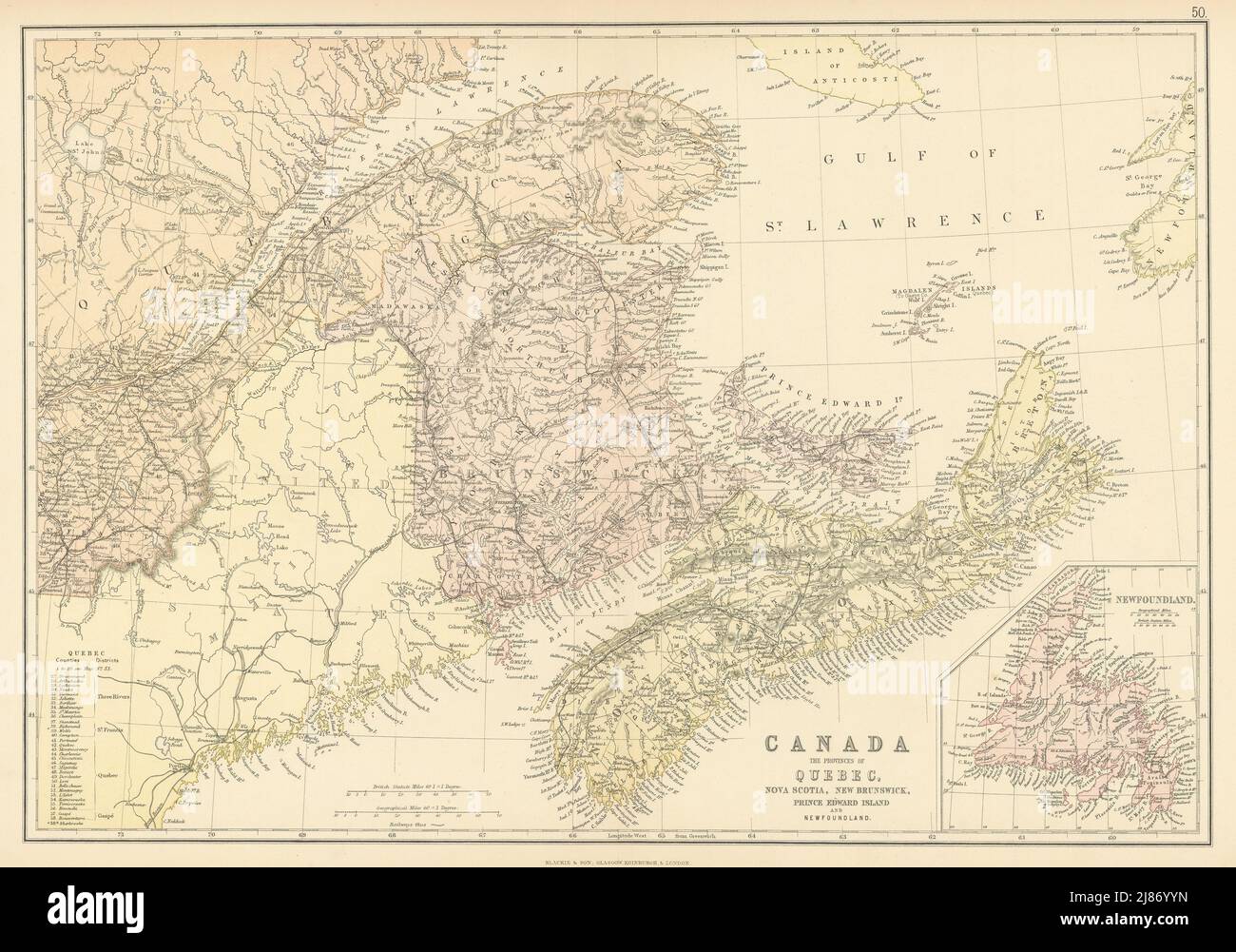 KANADISCHE SEEGRANDSCHAFTEN. QC NS NB Prince Edward Island Neufundland 1886 Karte Stockfoto