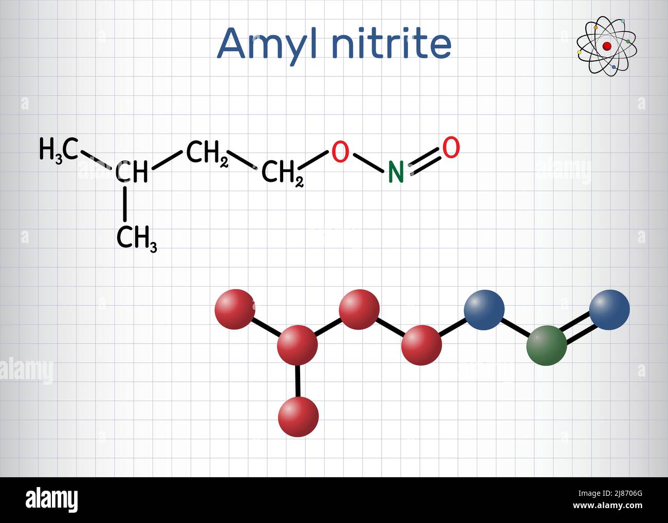 Amylnitrit, Isoamylnitrit, Isopentylnitritmolekül. Es ist poppende, hypertensive Medizin. Blatt Papier in einem Käfig. Vektor i Stock Vektor