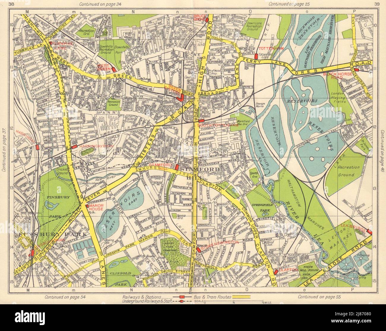 N LONDON Finsbury Park Bruce Grove Stamford Hill Finsbury Park Clapton 1948 Karte Stockfoto