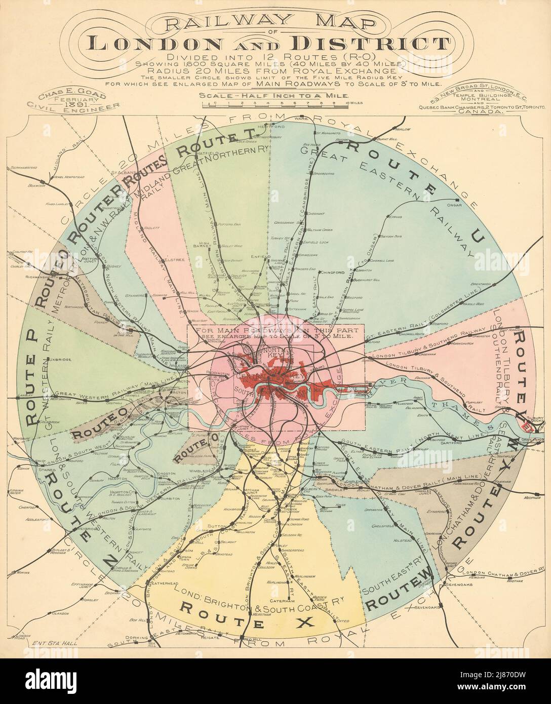 Eisenbahnkarte von London und Bezirk in 12 Routen unterteilt 1891 alte antike Stockfoto