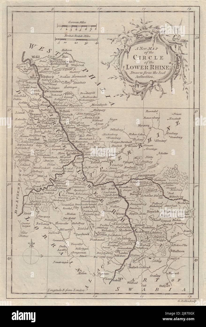 Eine neue Karte des Niederrheinkreises. Rheinland. ROLLOS 1759 alt Stockfoto