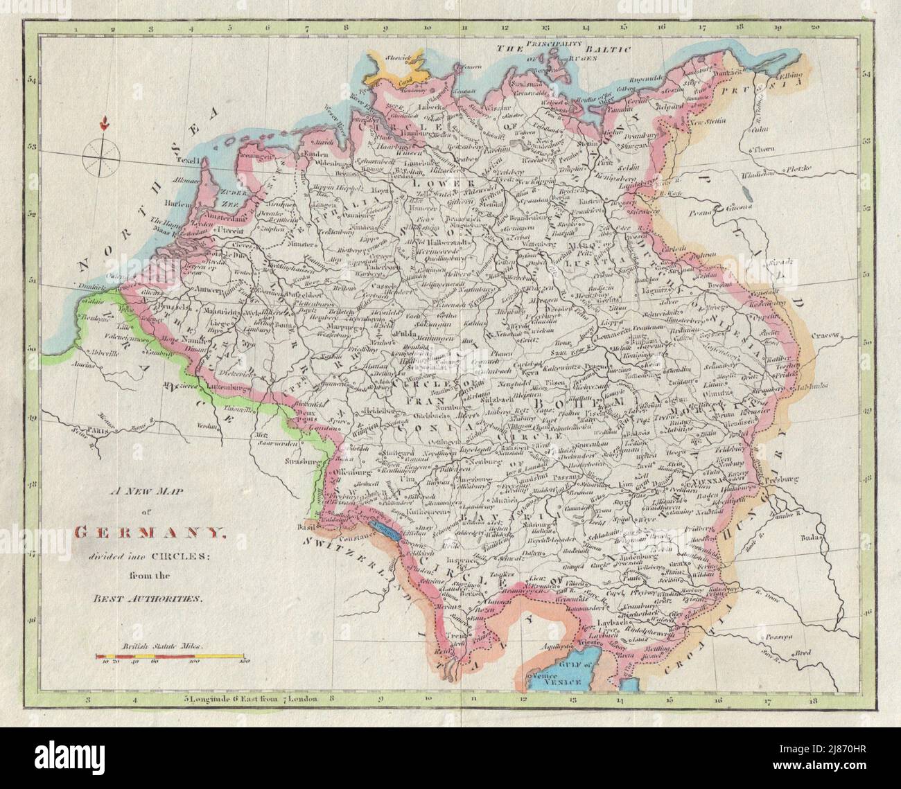 Eine neue, in Kreise geteilte Karte von Deutschland. Österreich Schweiz NL  Belgien 1811 Stockfotografie - Alamy