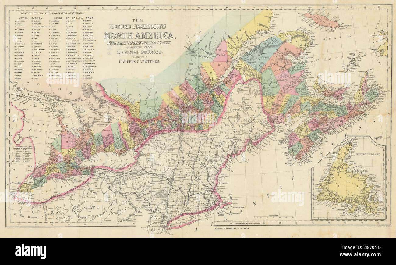 Britische Besitzungen in Nordamerika. Kanada. Harper's Gazetteer 1855 alte Karte Stockfoto