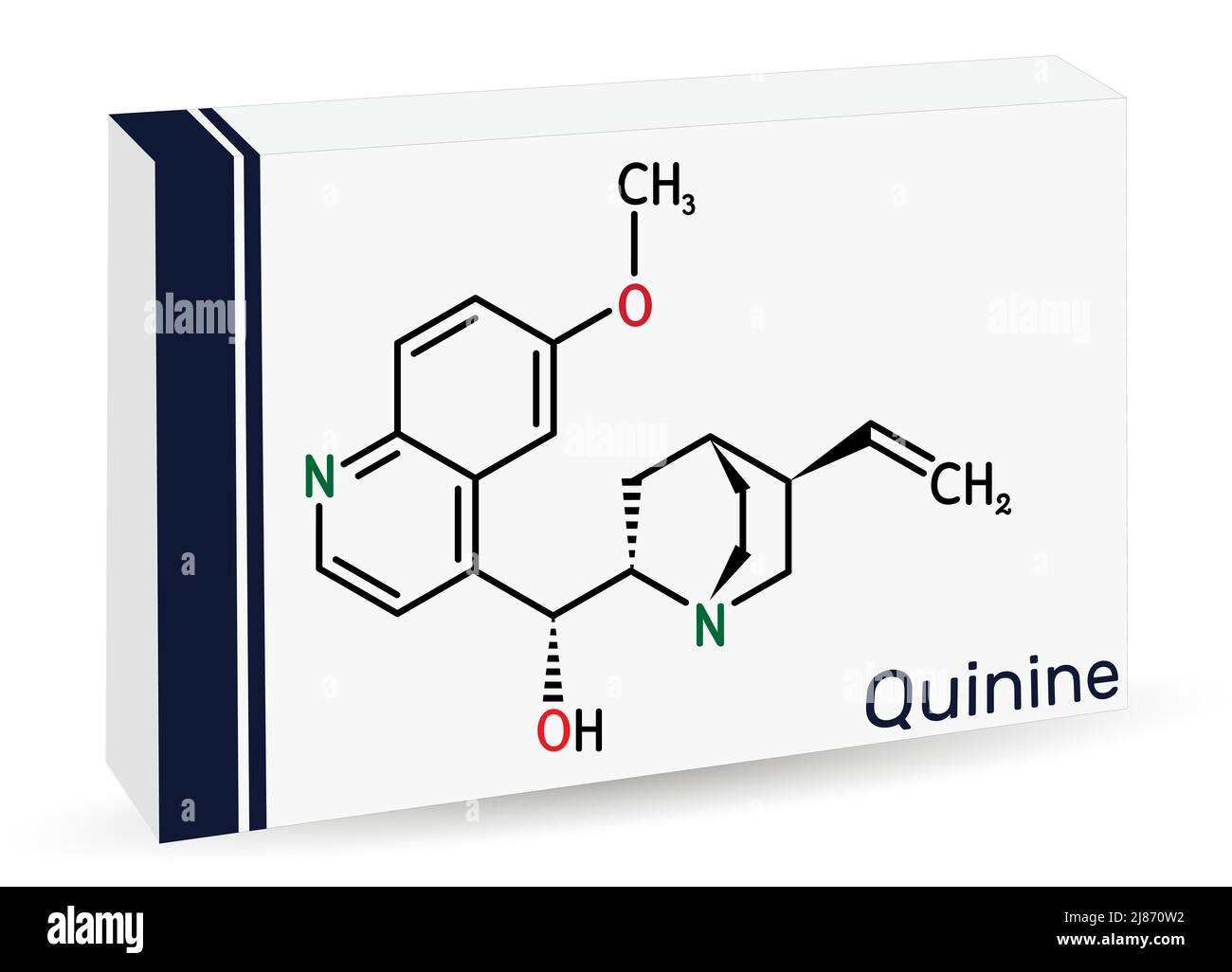 Chinin-Molekül. Es ist ein natürliches Alkaloid, das aus der Rinde des Cinchona-Baumes stammt. Chemische Formel des Skeletts. Papierverpackungen für Medikamente. Vektorgrafik Stock Vektor