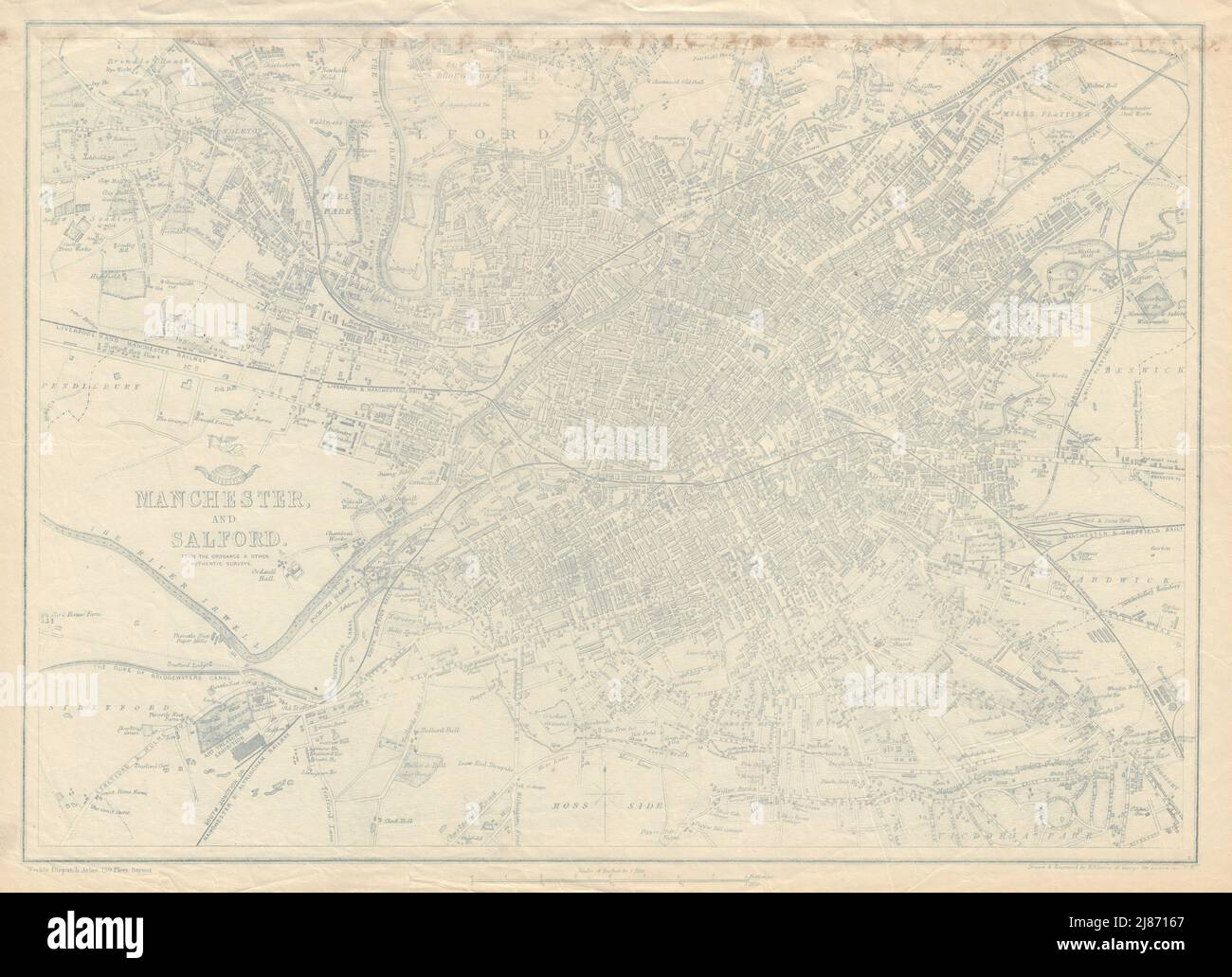 MANCHESTER UND SALFORD. Großer Stadtplan von BR DAVIES.Versand Atlas 1863 Karte Stockfoto