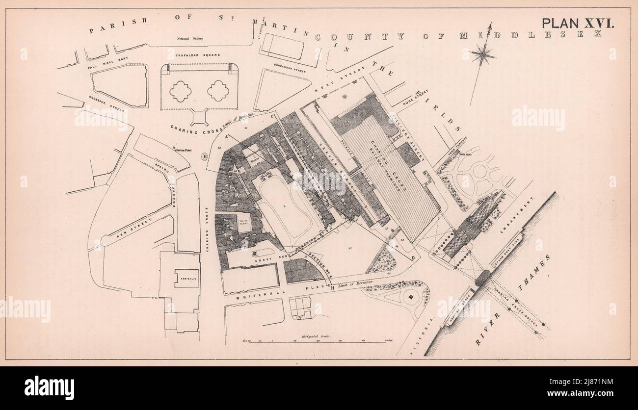 1876 Northumberland Avenue Entwicklung. Trafalgar Square - Embankment 1898 Karte Stockfoto