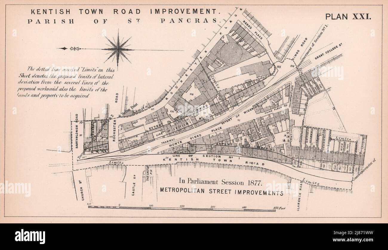 1877 Kentish Town Road wird verbreitert. Royal College Street 1898 alte antike Landkarte Stockfoto