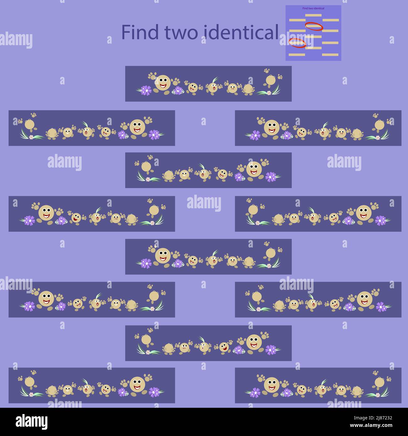Finden Sie zwei identische Bilder mit Emoticons für Kinder unter 8 Jahren Stock Vektor