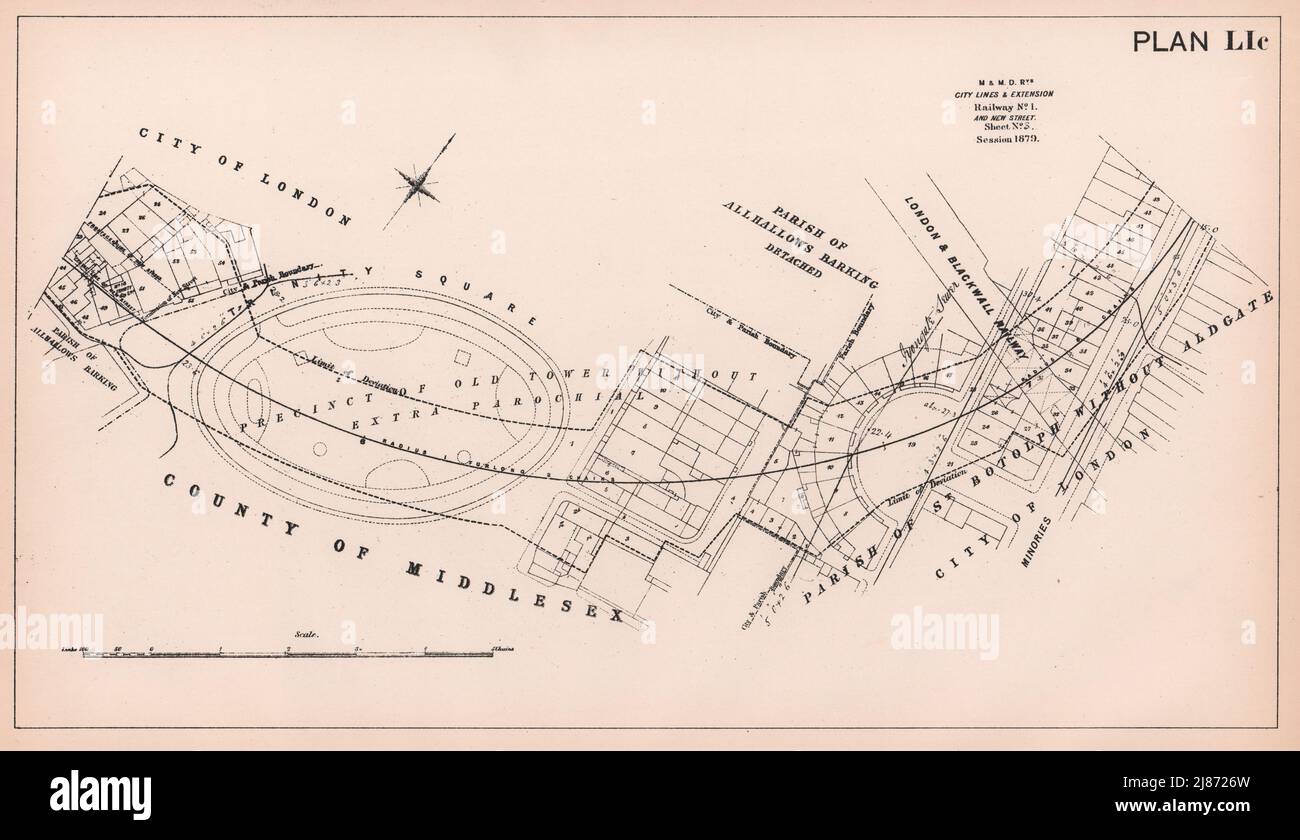 U-Bahn-Plan Circle District 1879. Trinity Square Garden Minories. London 1898 Karte Stockfoto
