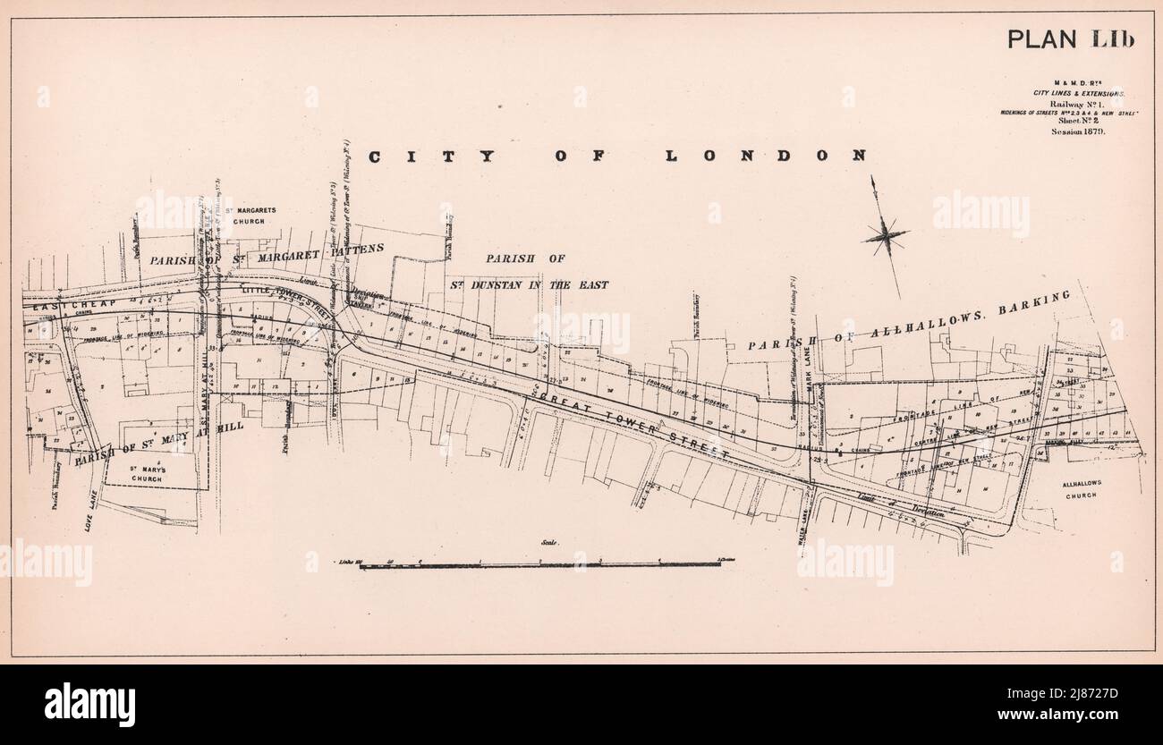 1879 Eastcheap Great Tower Street Byward Street wird breiter. Circle Line 1898-Karte Stockfoto