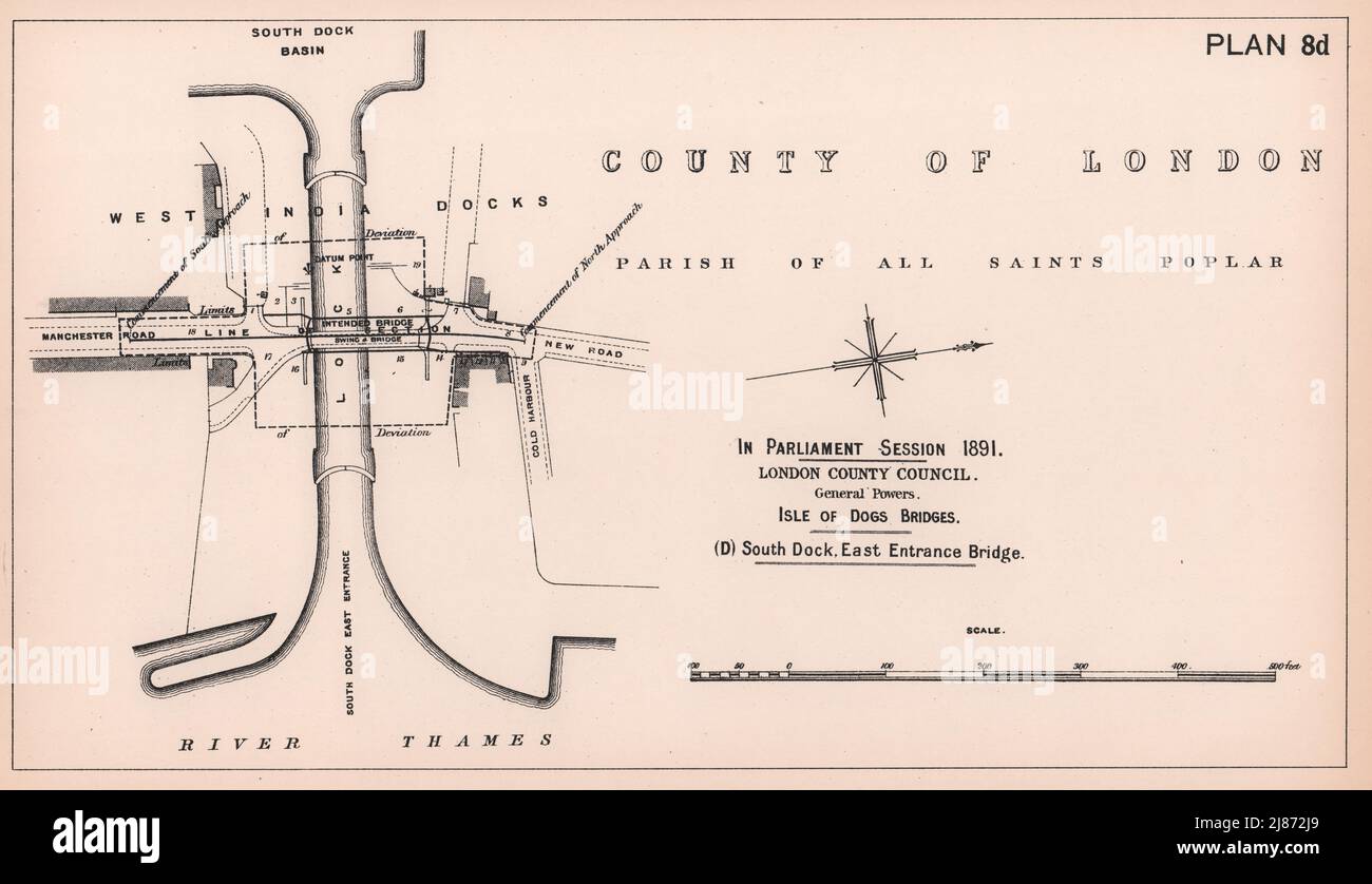 1891 Isle of Dogs Blue Bridge wird verbreitert. South Dock East Entrance 1898 alte Karte Stockfoto