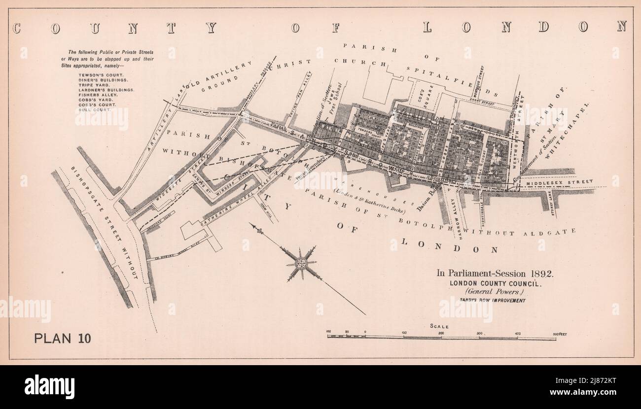 1892 Sandys Row-Entwicklung. Middlesex Street Spitalfields. Bishopsgate 1898-Karte Stockfoto