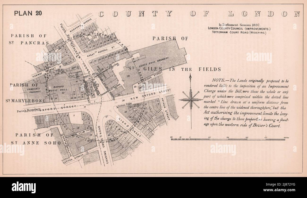 1897 Erweiterung der Tottenham Court Road. Charing Cross Road. Oxford Street 1898 Karte Stockfoto