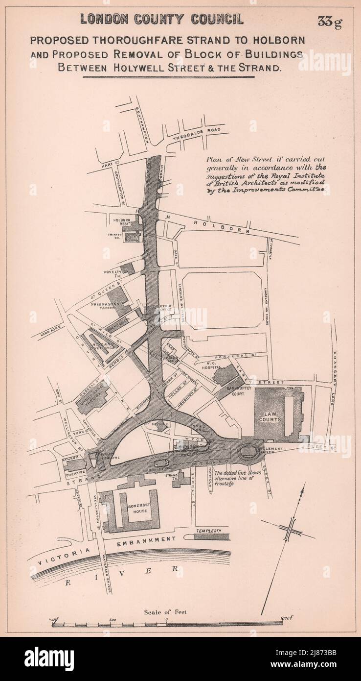 1897 Entwicklungsvorschlag von Aldwych & Kingsway. Strand zu Holborn 1898 alte Karte Stockfoto