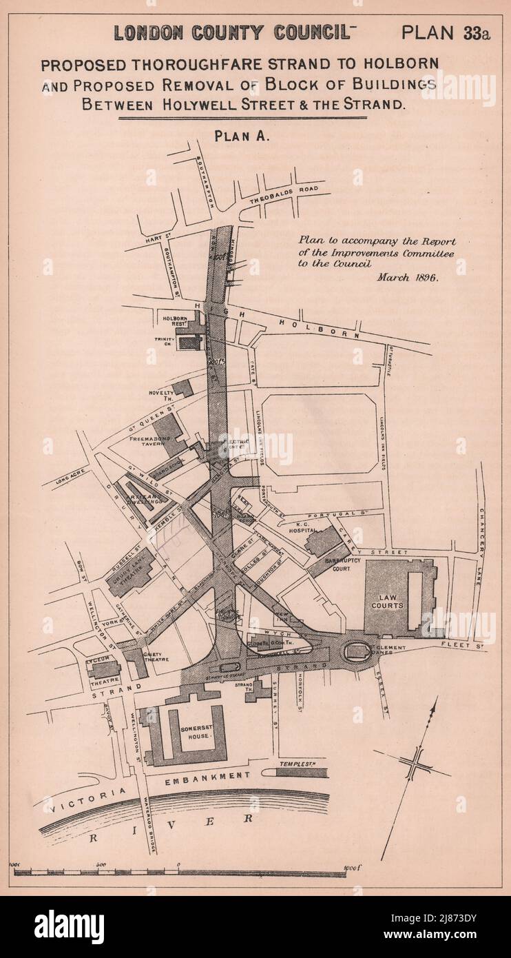 1897 Aldwych Kingsway alternativer Entwicklungsvorschlag 4 Strand-Holborn 1898 Karte Stockfoto