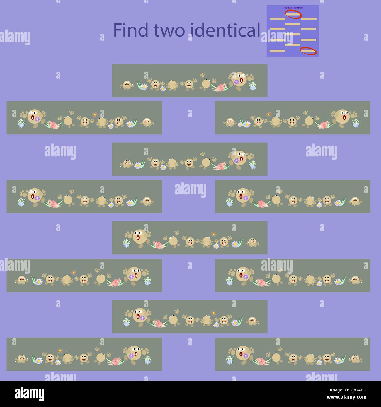 Finden Sie zwei identische Bilder mit Emoticons für Kinder unter 8 Jahren Stock Vektor