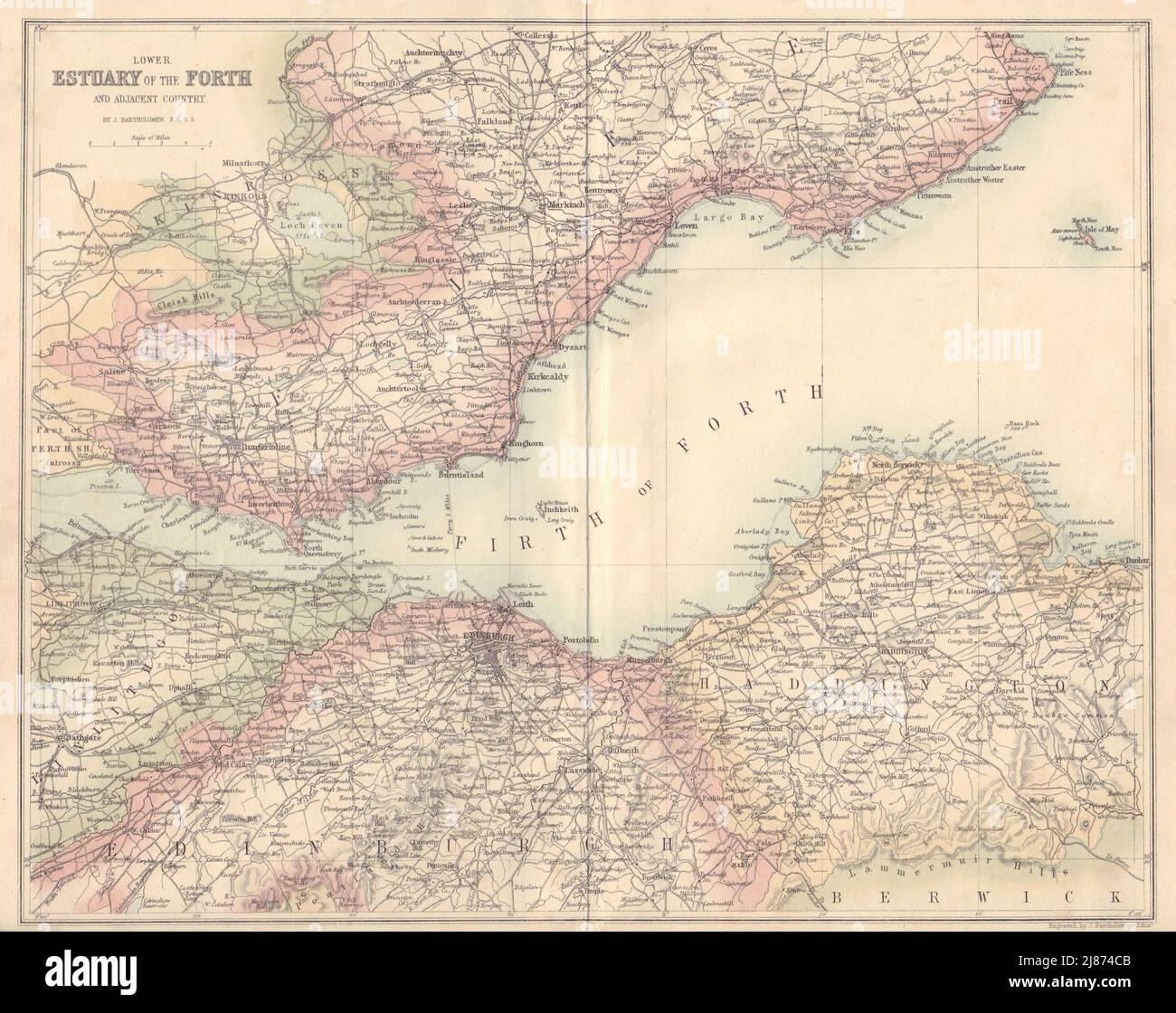 Untere Mündung des Forth. Fife Midlothian Haddington. BARTHOLOMEW 1866-Karte Stockfoto
