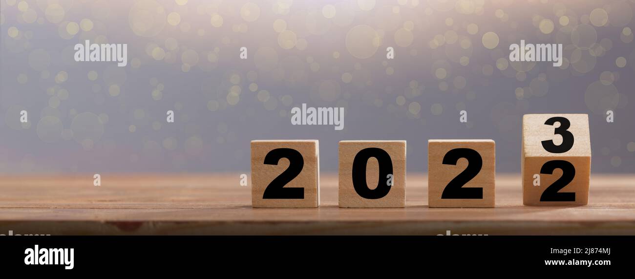 2022, 2023, abstrakt, Jahrestag, Hintergrund, Banner, Block, Unternehmen, Kalender, Feier, Veränderung, weihnachten, Konzept, kreativ, Würfel, Datum, decem Stockfoto