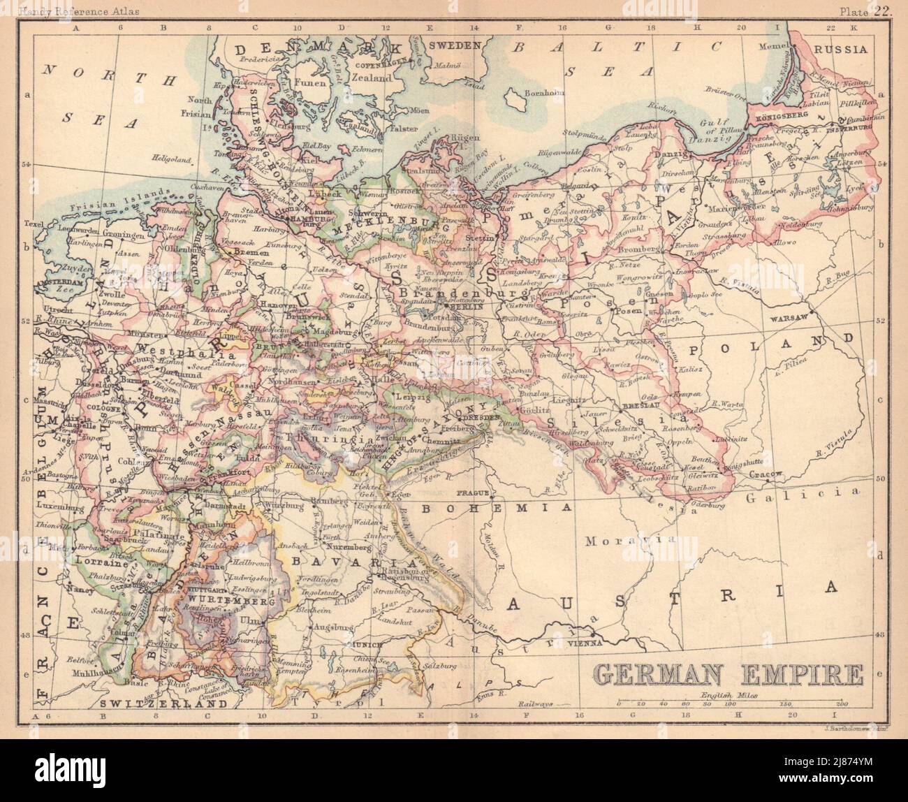Deutsches Reich. Deutschland Preußen Polen. BARTHOLOMEW 1888 alte antike Kartenkarte Stockfoto