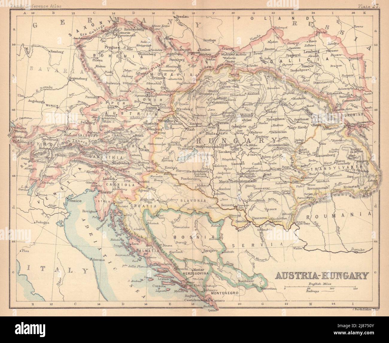 Österreich-Ungarn. Dalmatien Galizien Böhmen. BARTHOLOMEW 1888 alte antike Landkarte Stockfoto