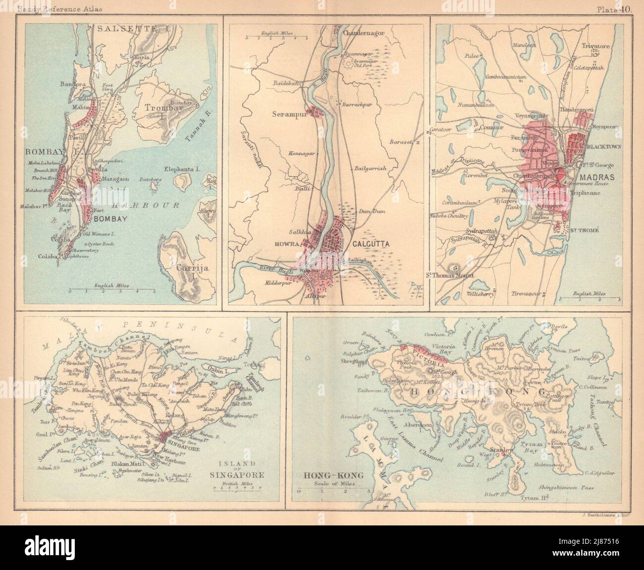 Bombay Kalkutta Madras Hongkong Singapur. Asiatische Städte. BARTHOLOMEW 1888-Karte Stockfoto