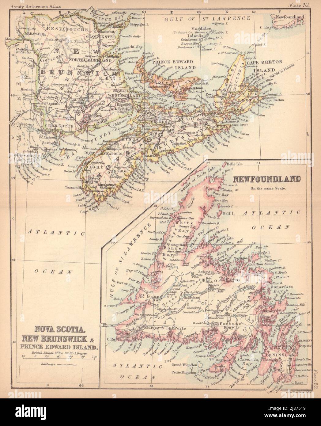 Nova Scotia, New Brunswick, PEI und Neufundland. Kanada. BARTHOLOMEW 1888-Karte Stockfoto