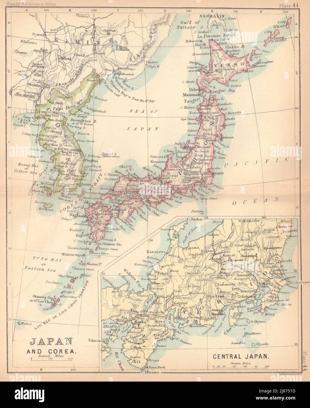 Japan & Corea antike Landkarte. BARTHOLOMEW 1888 alten Vintage Plan Chart Stockfoto