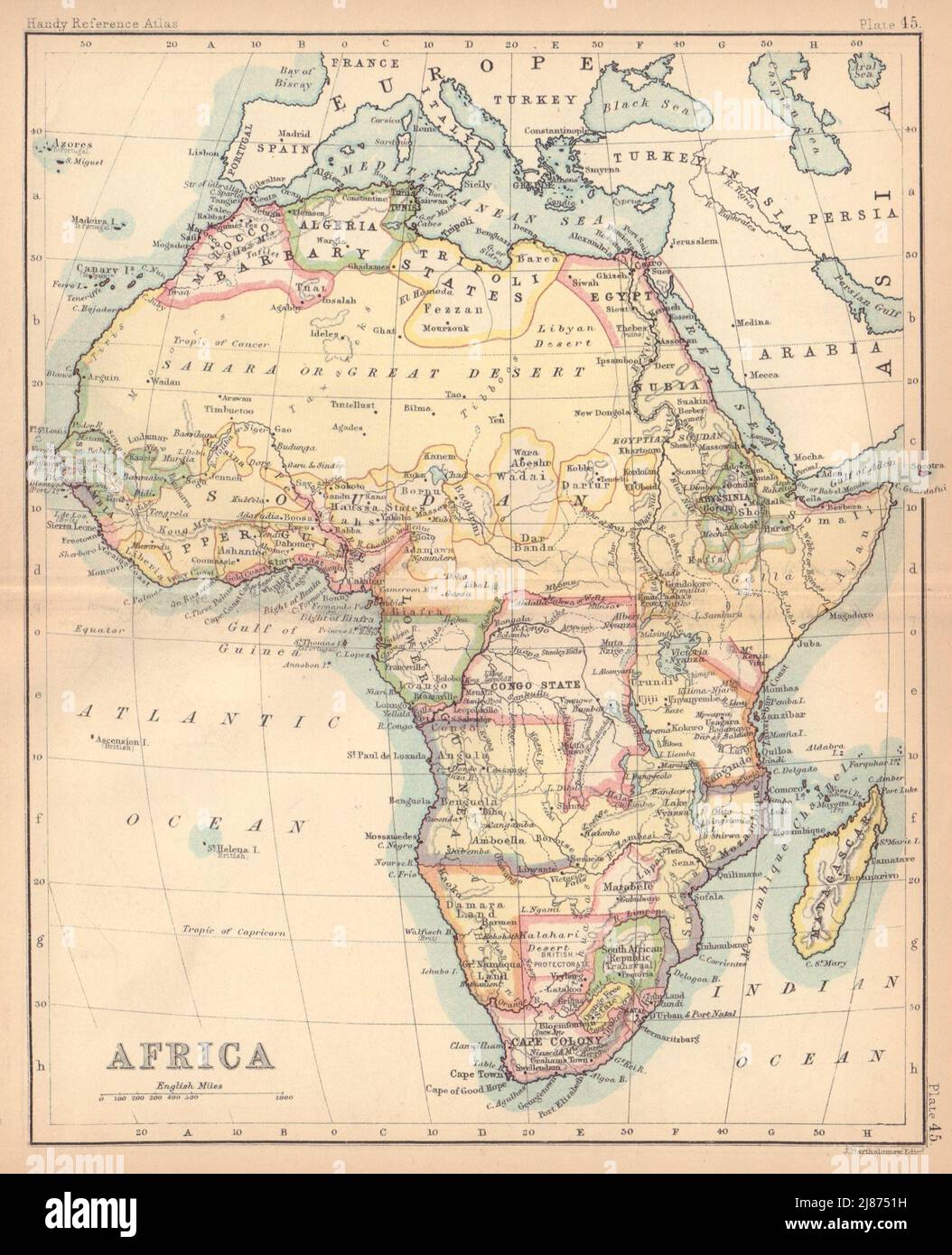 Koloniales Afrika. Antike Landkarte. BARTHOLOMEW 1888 alte Plankarte Stockfoto