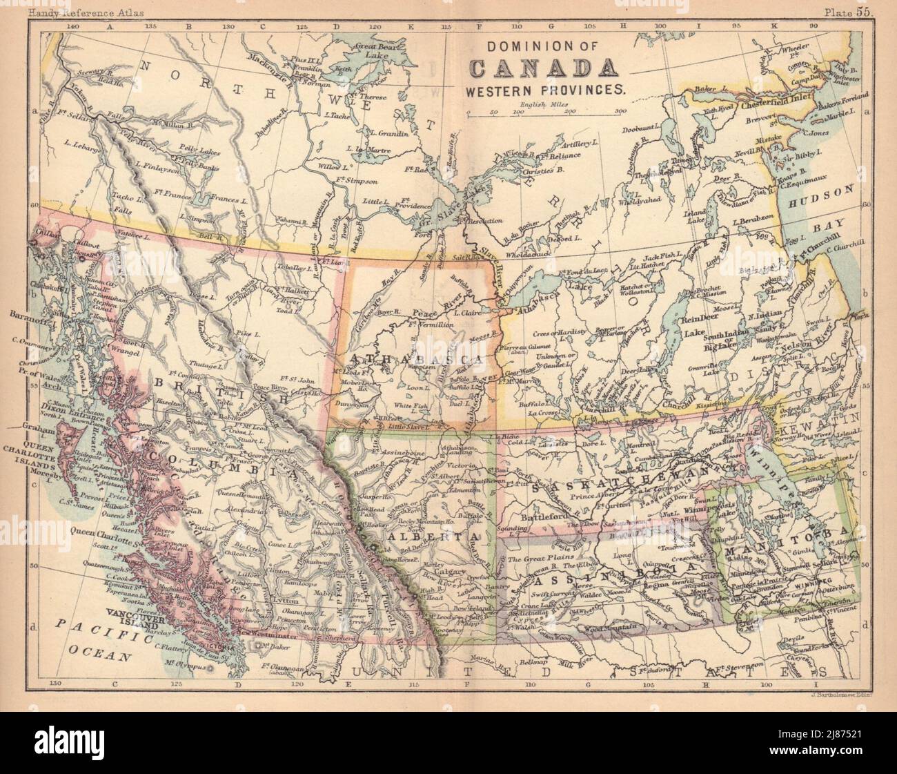 Westliche Provinzen Kanadas. British Columbia. Alberta. BARTHOLOMEW 1888 alte Karte Stockfoto