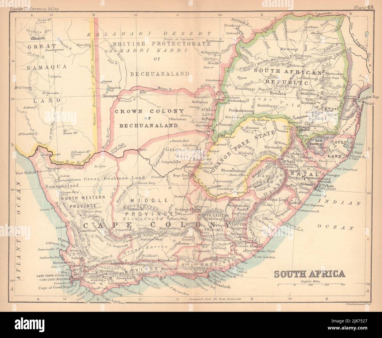 Südafrika. Cape Colony. Bechuanaland. BARTHOLOMEW 1888 alte antike Landkarte Stockfoto
