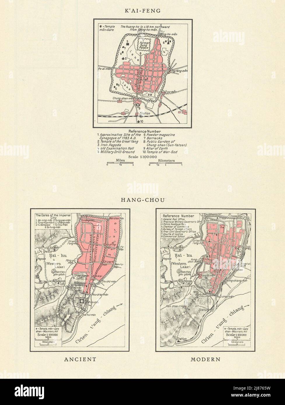 Kaifeng & Hang-Chou Hangzhou antike und moderne Stadtpläne, China 1935 alte Karte Stockfoto