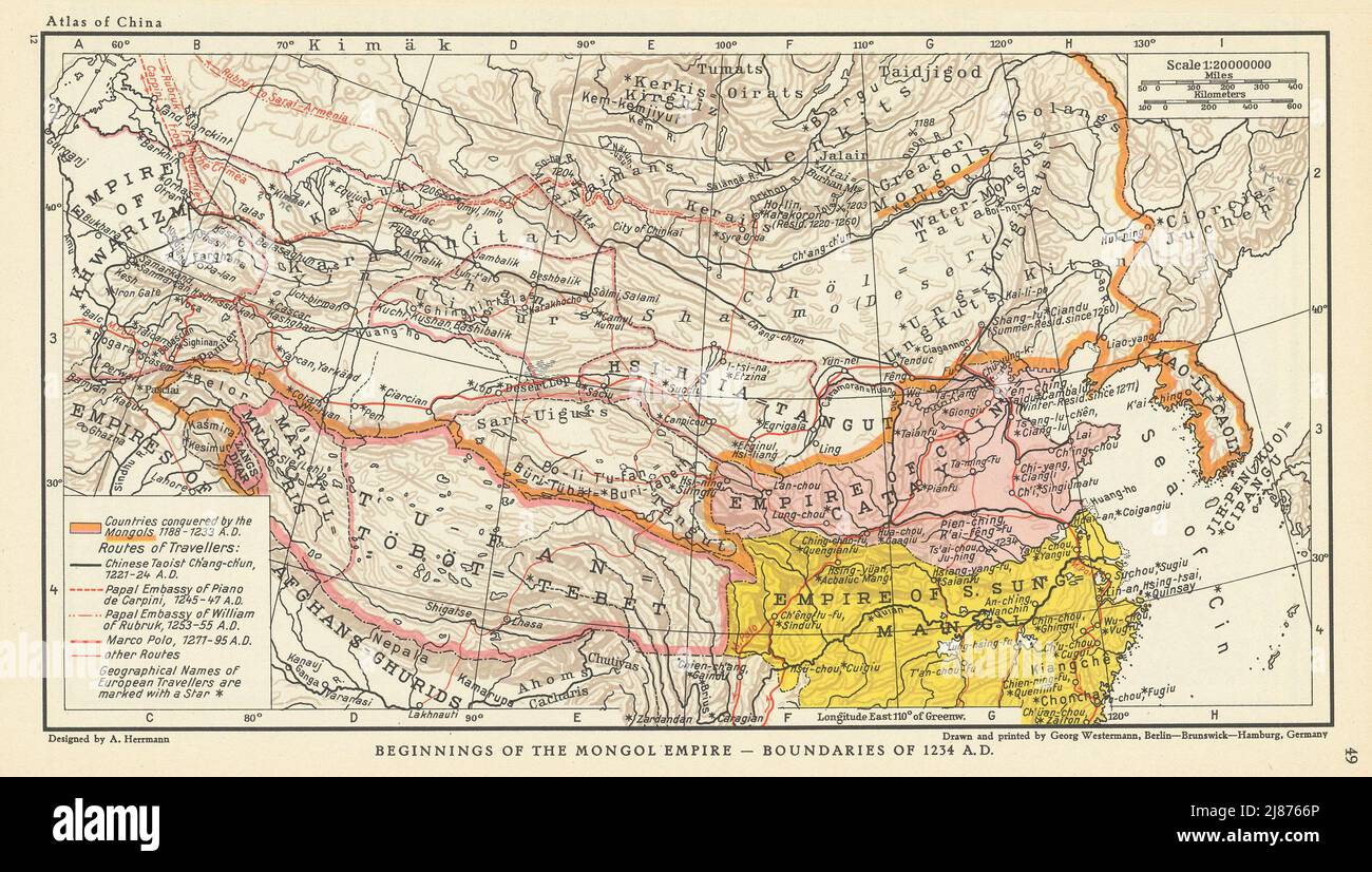 Anfänge des mongolischen Reiches. 1234 AD Grenzen. Mongolei China 1935 alte Karte Stockfoto