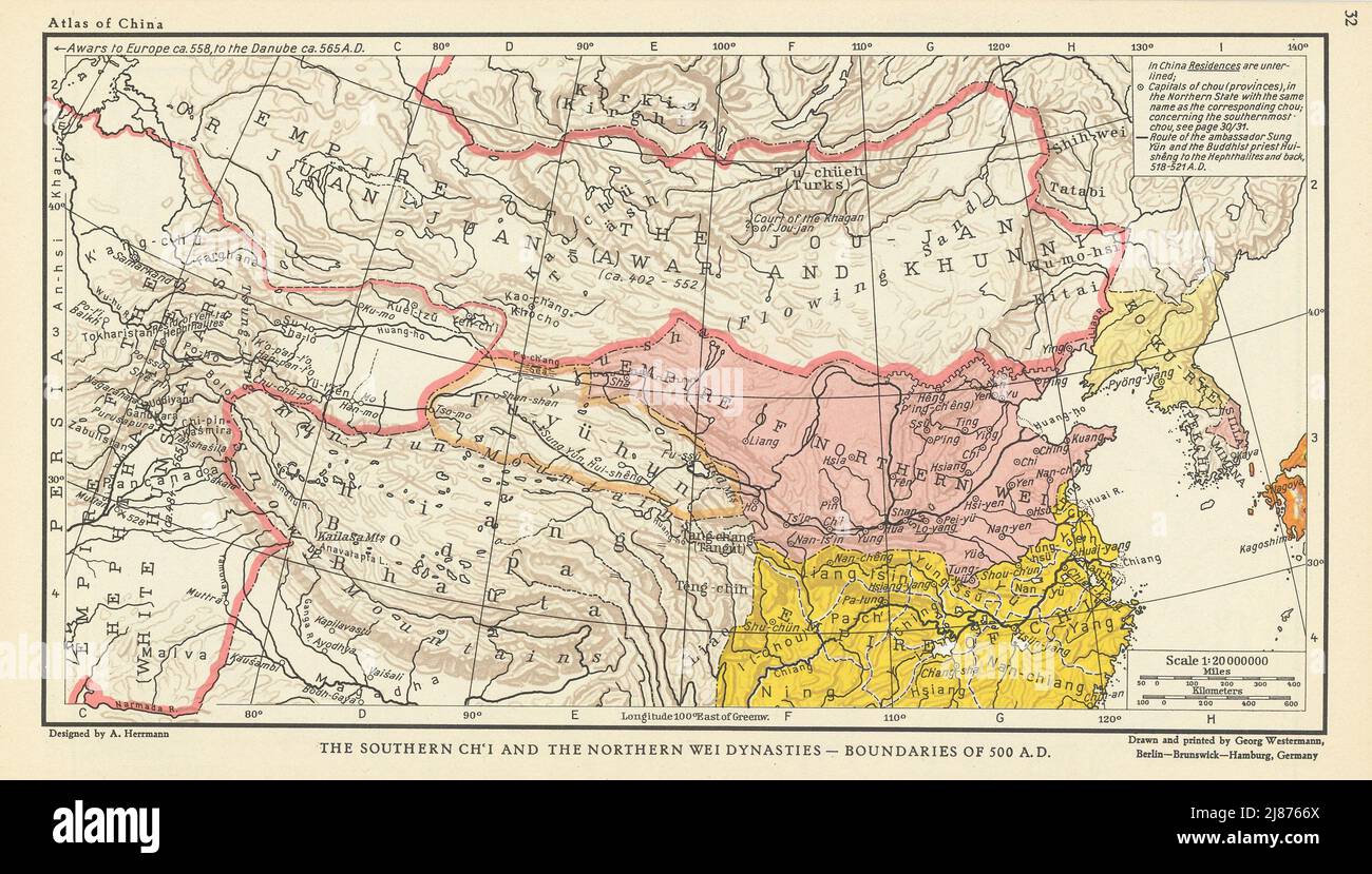 Das südliche Qi und die nördlichen Wei Dynastien - Grenzen von 500 AD 1935 Karte Stockfoto