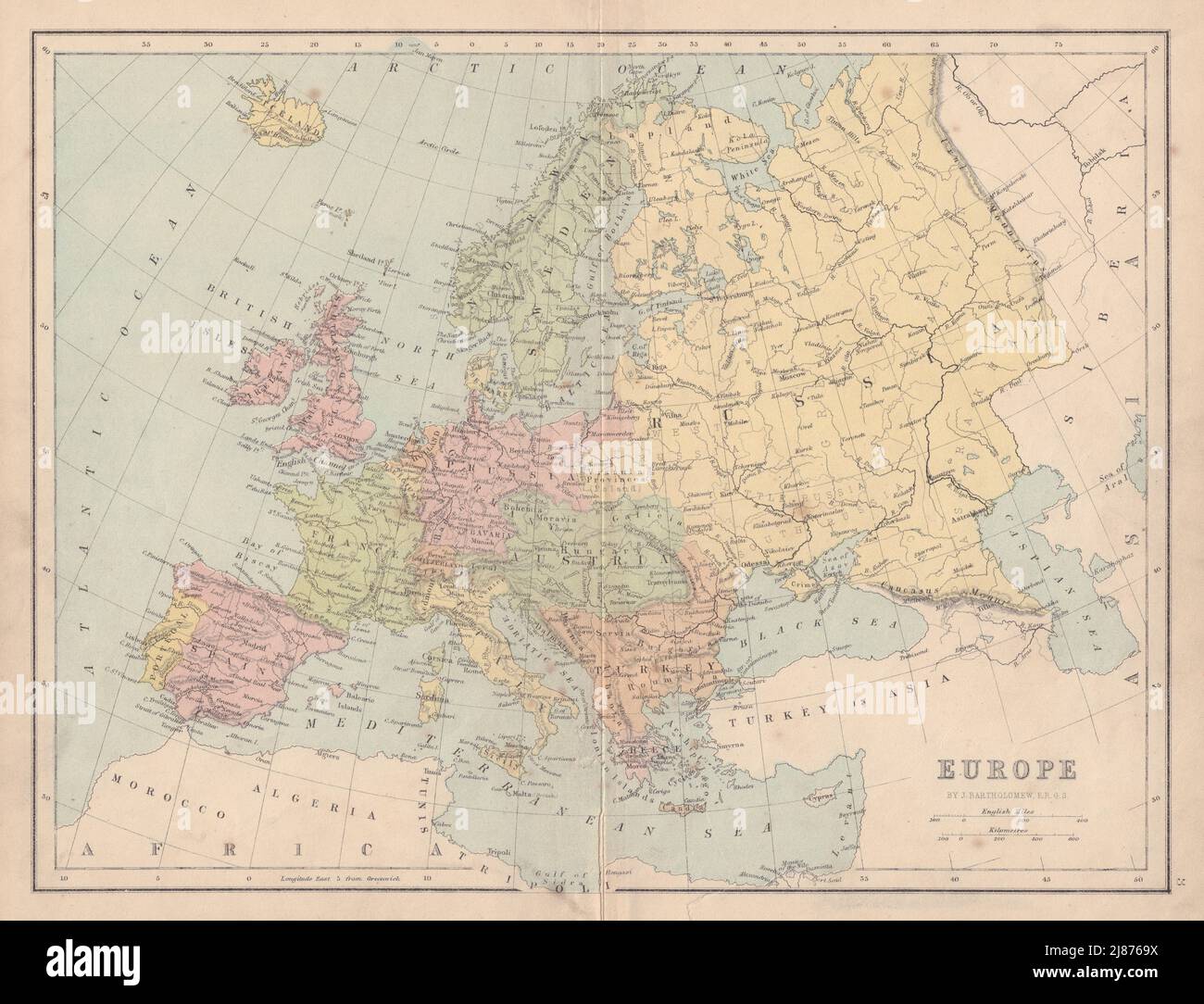 EUROPA politisch. Vereintes Deutschland als Preußen markiert. COLLINS 1873 alte Karte Stockfoto