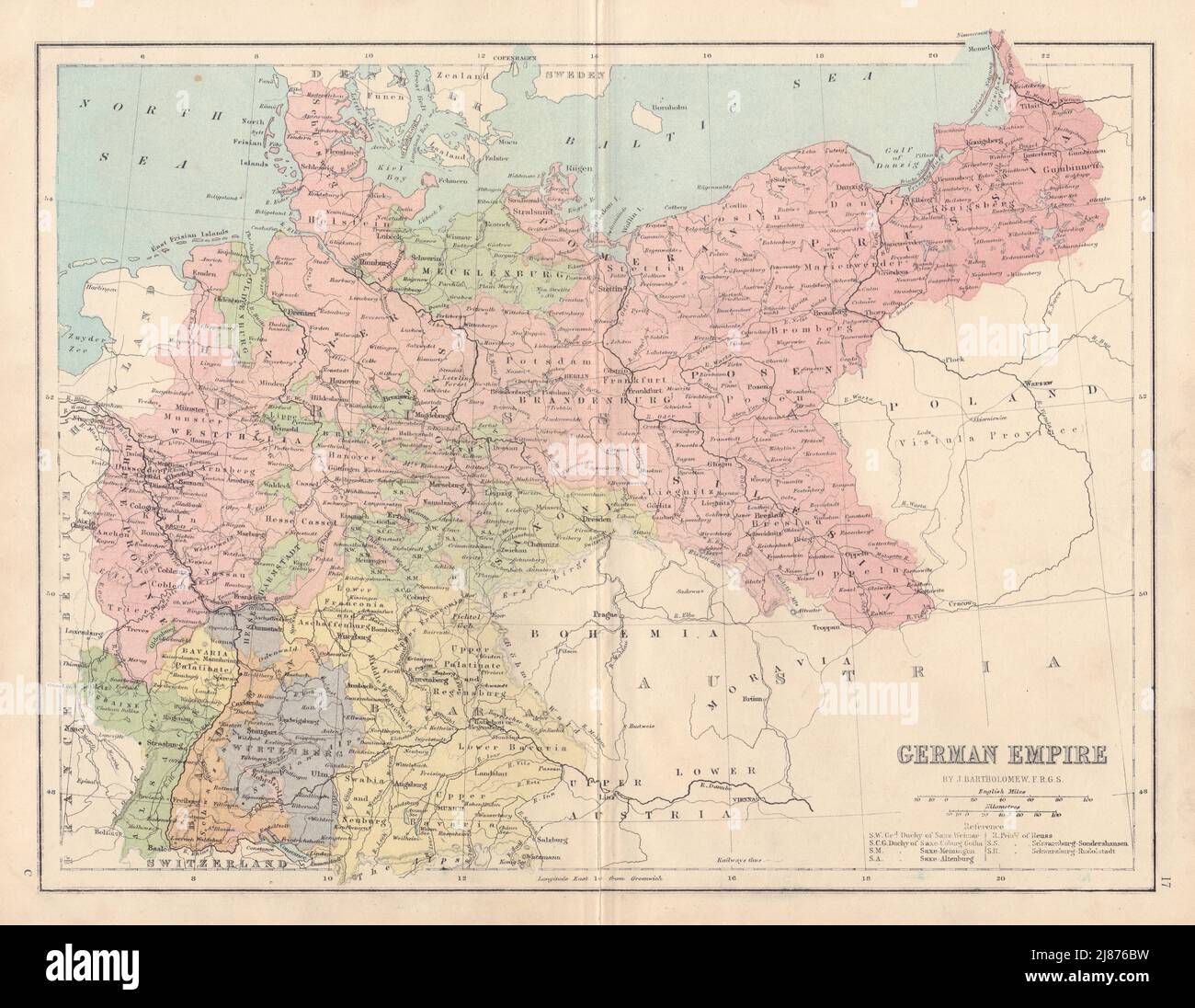 DEUTSCHES REICH einschließlich Elsass Lothringen Nord-Schleswig. COLLINS 1873 alte Karte Stockfoto