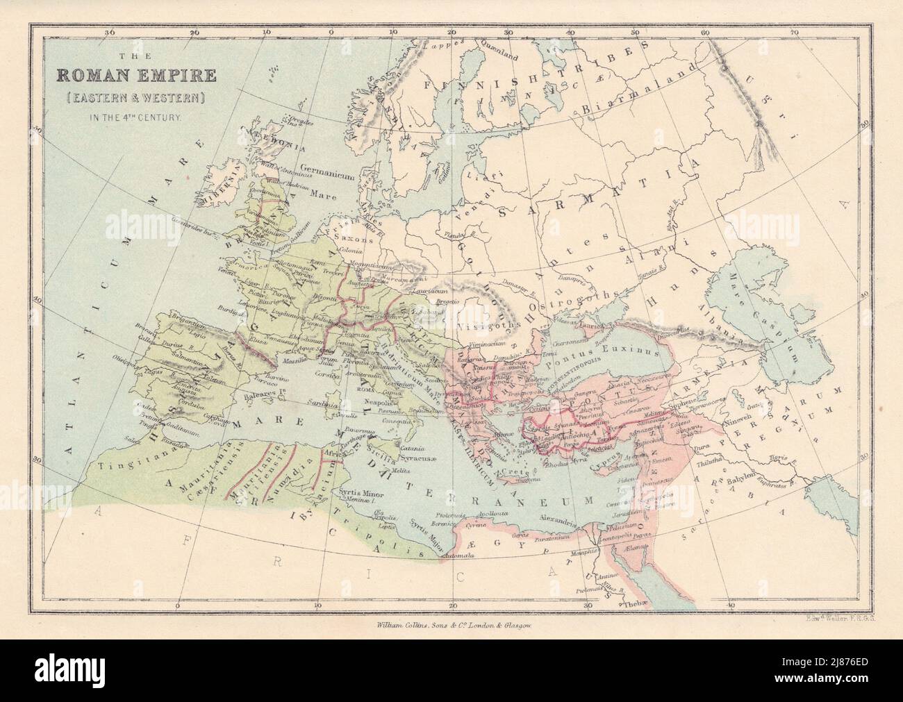 4.. JAHRHUNDERT EUROPA Römisches Reich Ostbyzantinisch & westlich. COLLINS 1873-Karte Stockfoto