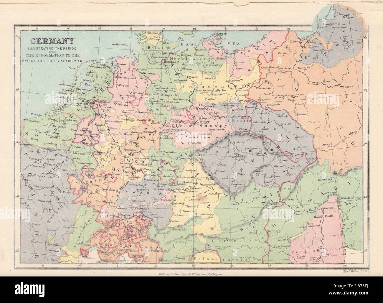 DEUTSCHLAND von der Reformation bis zum Ende des 30-jährigen Krieges. COLLINS 1873-Karte Stockfoto