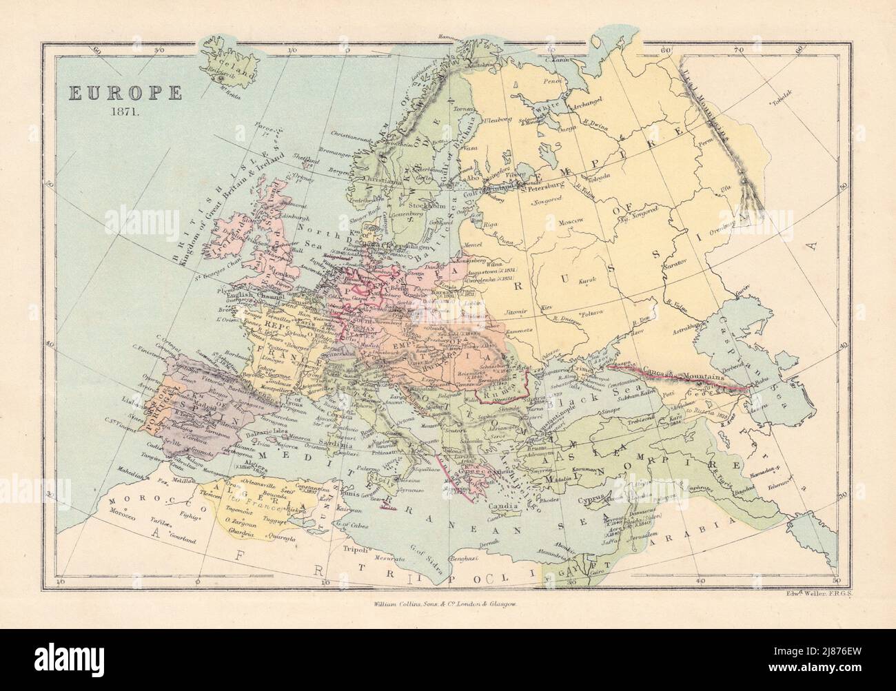 EUROPA im Jahr 1871 mit ausgewählten wichtigen Schlachten und Daten für 19C. COLLINS 1873 alte Karte Stockfoto
