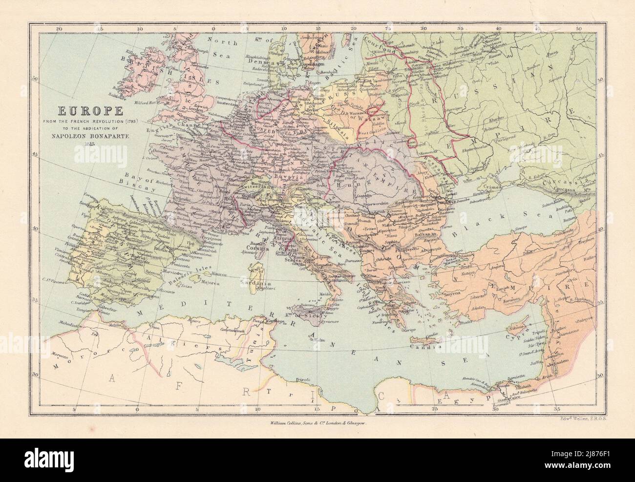 EUROPA 1793-1815 Napoleonische Kriege. Bund des Rheins. COLLINS 1873-Karte Stockfoto
