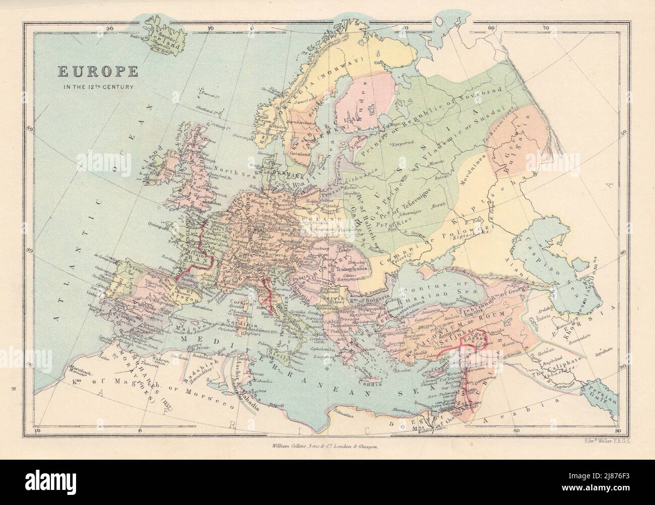 12. JAHRHUNDERT EUROPA geteilt Irland Heiliges Römisches Reich Almovarides 1873 alte Karte Stockfoto