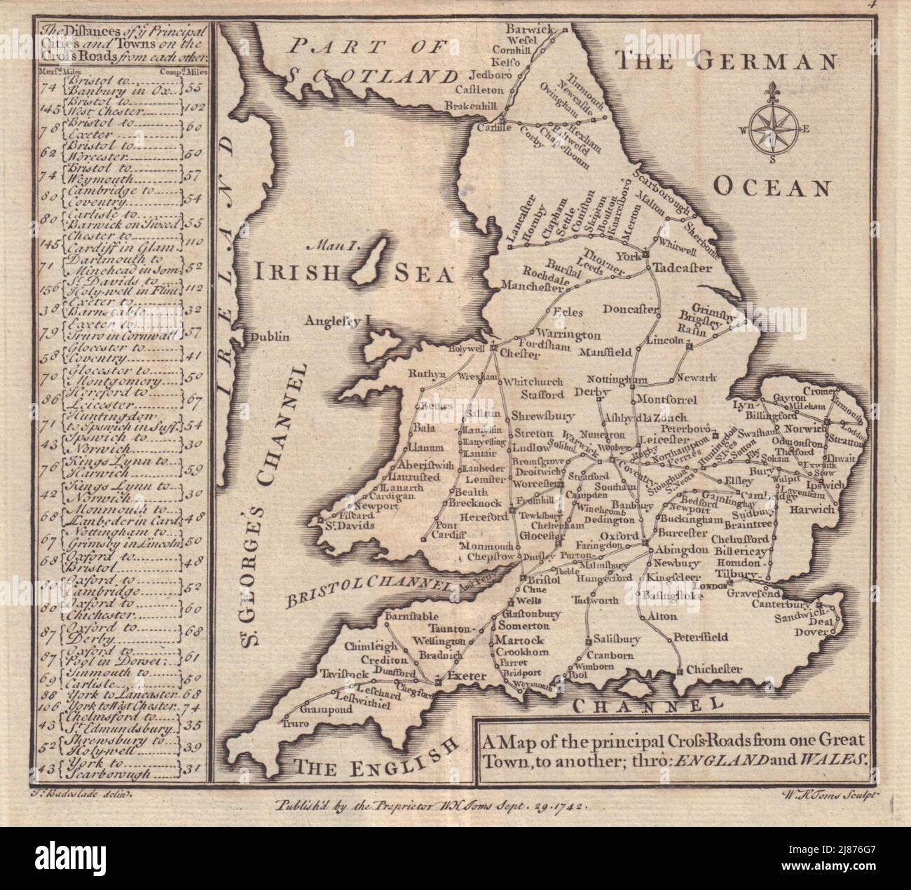 "... Der wichtigsten Kreuzung Thro England & Wales. Badeslade & Toms 1742 Karte Stockfoto