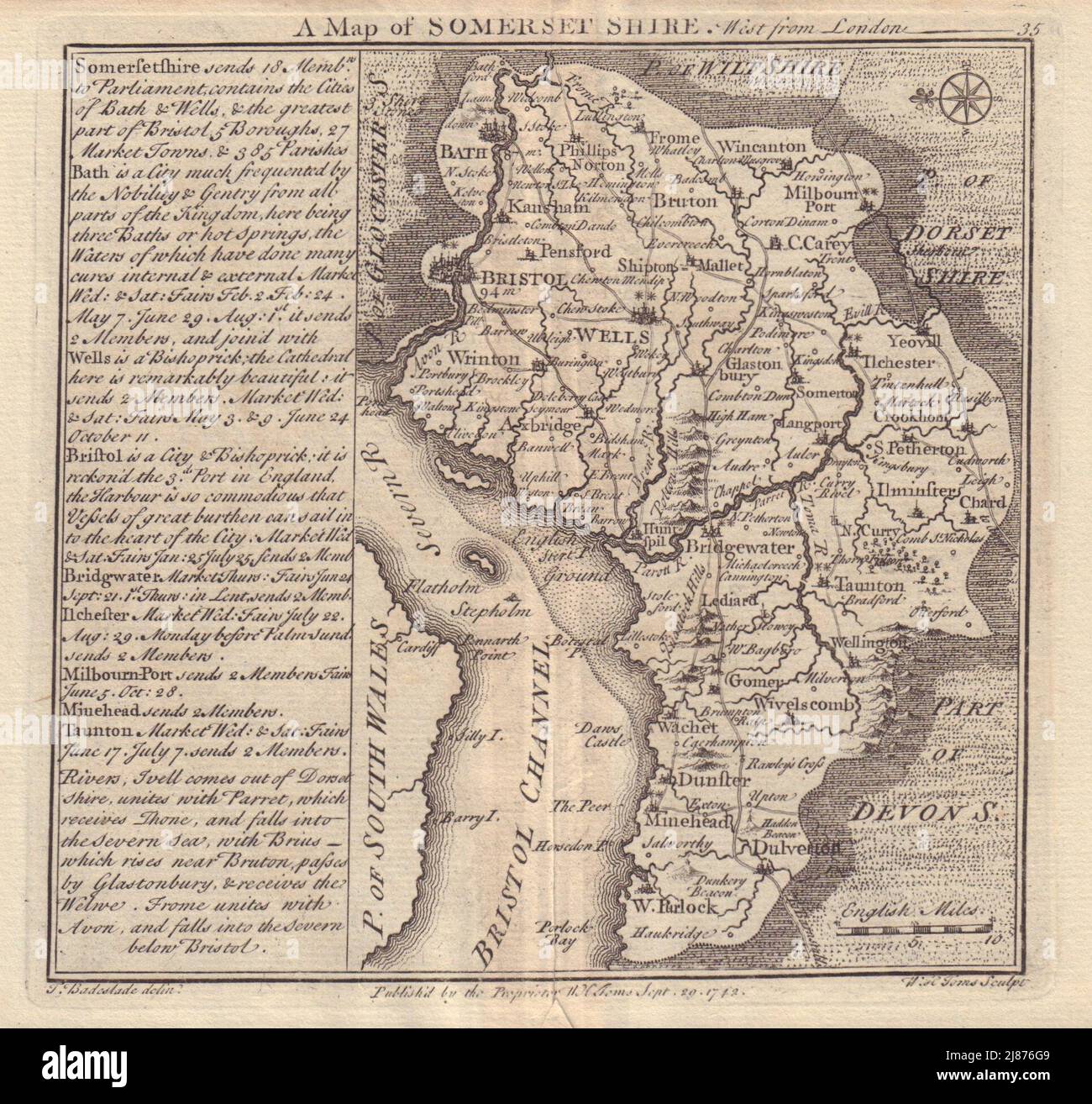 Antike Grafschaft Landkarte von Somersetshire von Badeslade & Toms. Ost-Ausrichtung 1742 Stockfoto