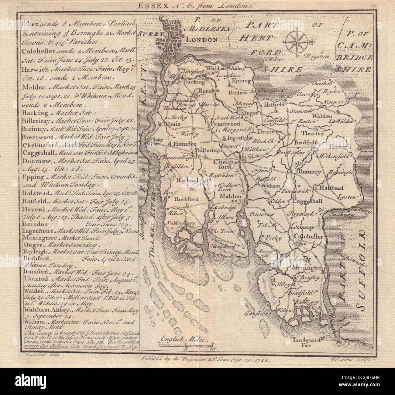 Antike Grafschaft Landkarte von Essex von Badeslade & Toms. Ost-Ausrichtung 1742 alt Stockfoto