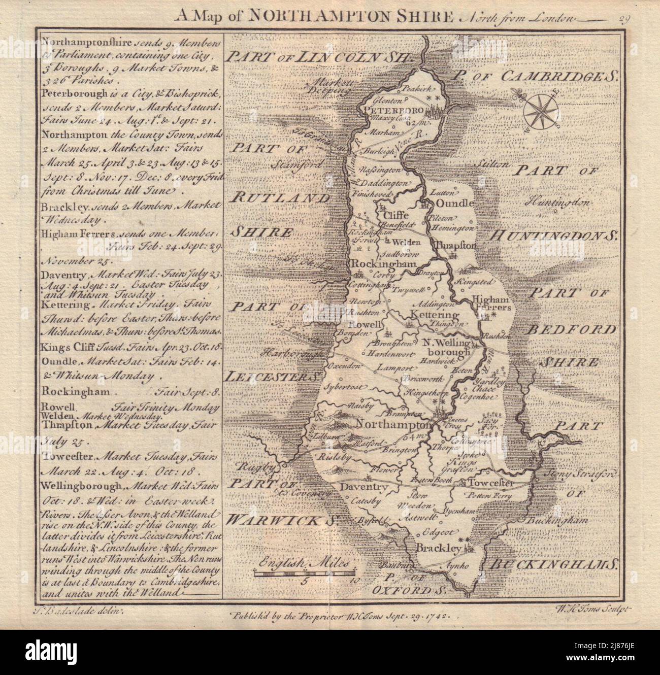 Antike Grafschaft Landkarte von Northamptonshire von Badeslade & Toms. NE Orientierung 1742 Stockfoto