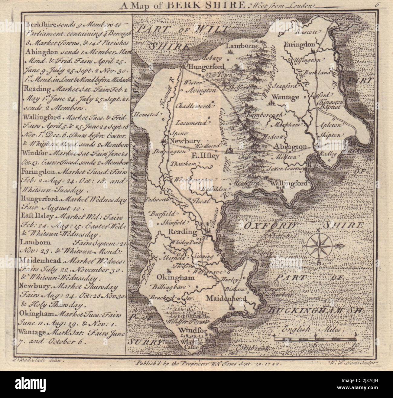 Antike Grafschaft Landkarte von Berkshire von Badeslade & Toms. West-Ausrichtung 1742 Stockfoto