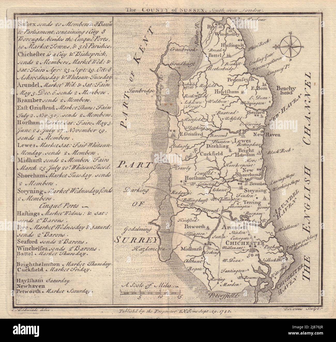Antike Grafschaft Landkarte von Sussex von Badeslade & Toms. Ost-Ausrichtung 1742 Stockfoto