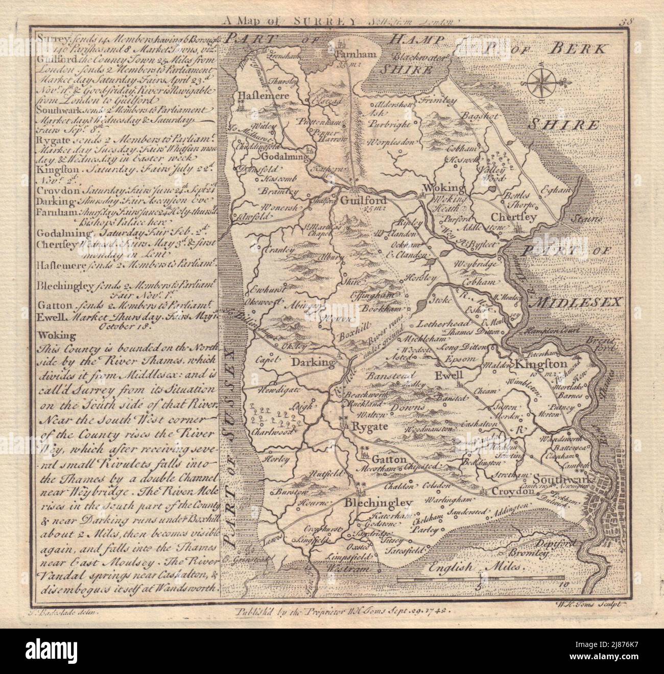 Antike county Karte von Surrey von Badeslade & Toms. West-Ausrichtung 1742 Stockfoto
